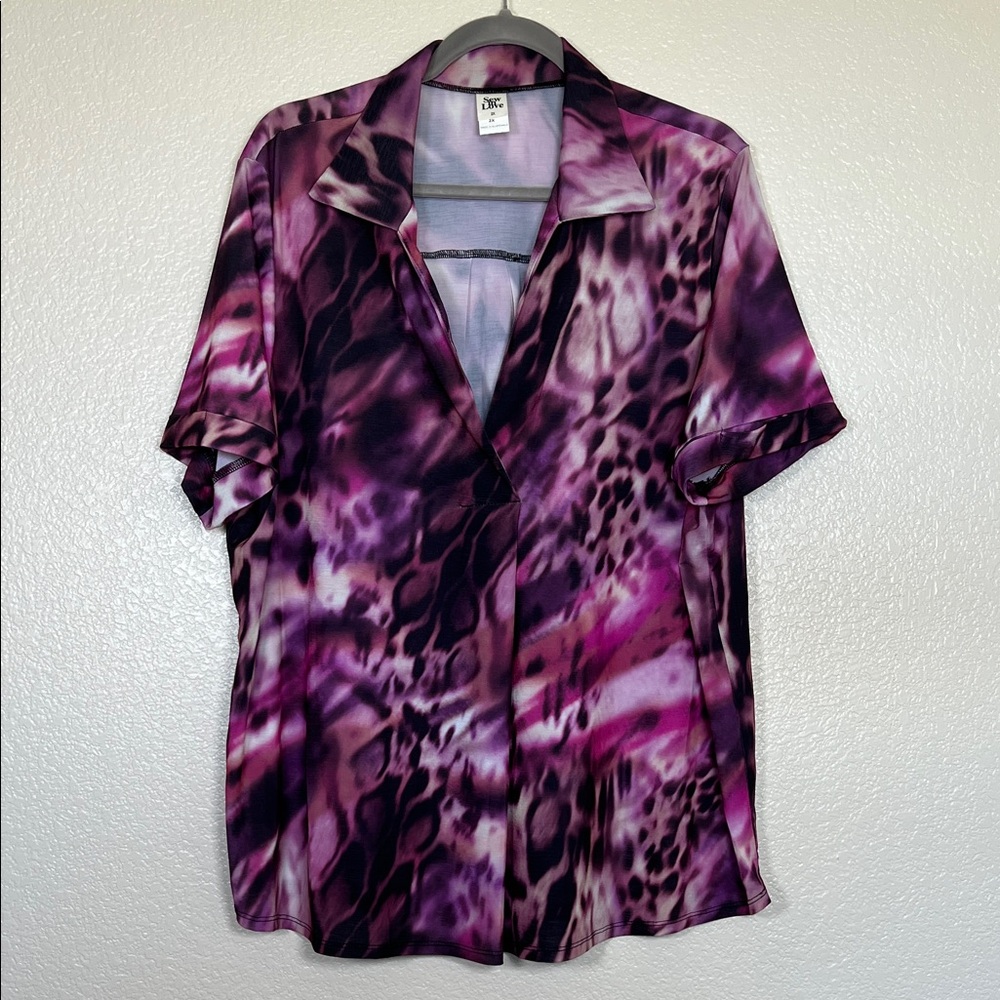 Purple animal print collared blouse, size 2X